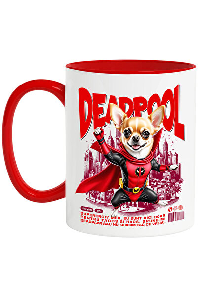 StoryGift Romania Cana cu Chihuahua Caine In Costum de DeadPool cu Pelerina, Erou Nocturn, Desene , Cu Maner Rosu