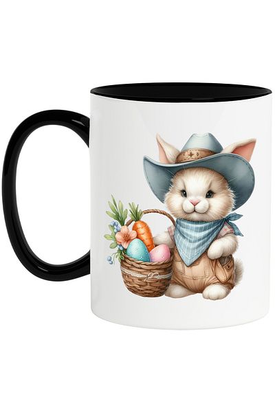 StoryGift Romania Mug with a bunny in a cowboy hat, illustration, Wild West, carrot, egg, With ,STG