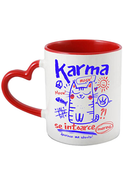 StoryGift Romania Cana Pisica-Karma se intoarce mereu, 330ml, Ceramica cu Maner Inima Rosie, Cu Maner Inima Rosie