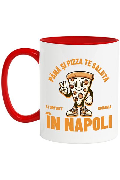 StoryGift Romania Cana Felie De Pizza Vesela Text Haios Oras Napoli Pana Si Pizza Te Saluta, 330ml, Cu Maner Rosu