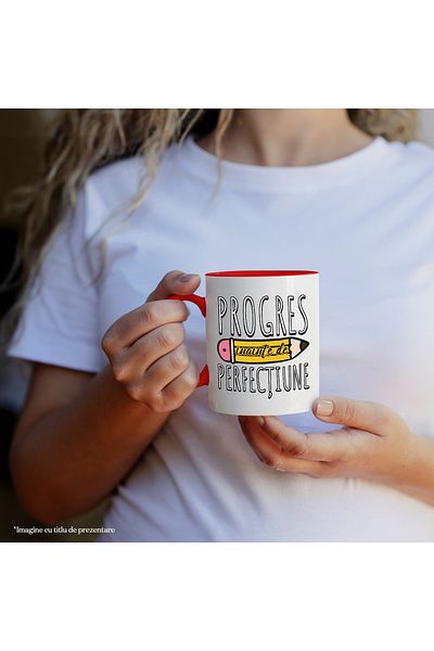 StoryGift Romania Mug Progress before perfection education school, 330ml, Ceramic with Red Handle, With,STG.