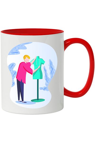 StoryGift Romania Cana Cu Design, Croitorie, Manechin, Masura, Multicolor 330 ml, Ceramica cu Mane, Cu Maner Rosu