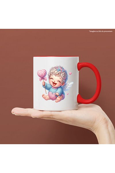 StoryGift Romania Mug with a baby Cupid, illustration, lollipop, wool, flannel, needle, hearts, ind, With ,STG