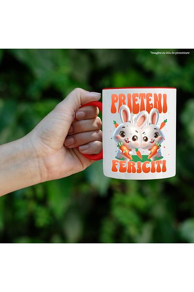 StoryGift Romania Cana cu Iepuri Albi Cu Morcovi Text Prieteni Fericiti, Animal Blanos Paste, Cera, Cu Maner Rosu