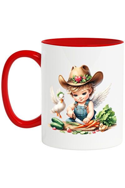 StoryGift Romania Cana cu un bebelus care pregateste legumele pentru a face mancare | ilustratie |, Cu Maner Rosu