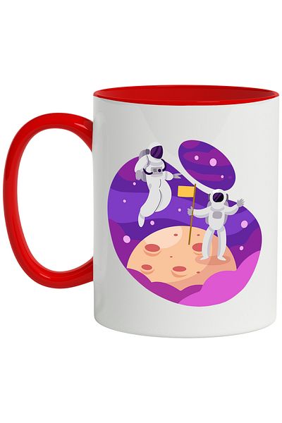 StoryGift Romania Cana Cu Luna, Spatiu, Astronauti, Steag, Stele, Costum, Gravitatie, Multicolor 3, Cu Maner Rosu