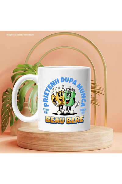 StoryGift Romania Cana cu Cuplu De Petrecere Doza Si Halba De Bere Text Prieteni Dupa Munca, Ceram, Cu Maner Negru