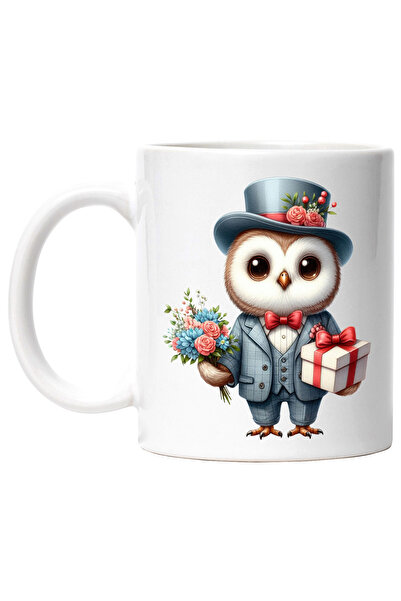 StoryGift Romania Cana cu o bufnita, ilustratie, costum, papion, buchet cu fl...