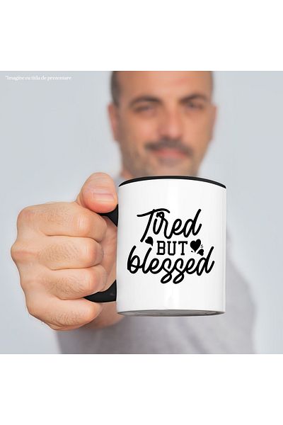 StoryGift Romania Mug with hearts and the message "Tired, but blessed" - tired, but blessed c, With ,STG