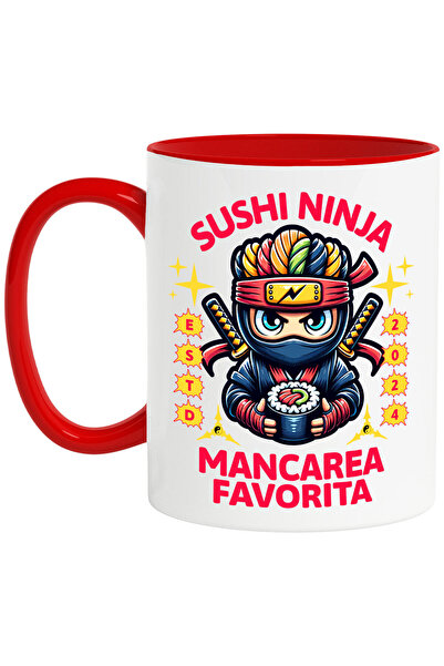 StoryGift Romania Cana cu Spion Ninja Cu Par Colorat Si Sabii, Tort De Sushi Text Mancarea Favorit, Cu Maner Rosu