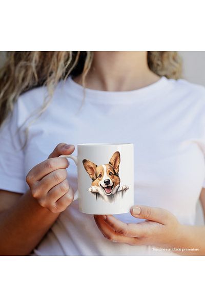 StoryGift Romania Cana cu un caine din rasa Corgi care sta atarnat pe gard | ilustratie | vrea sa , Cu Maner Alb