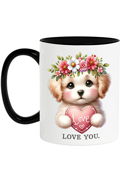 StoryGift Romania Cana cu un catelus care tine o inimioara pe care scrie "Lov...