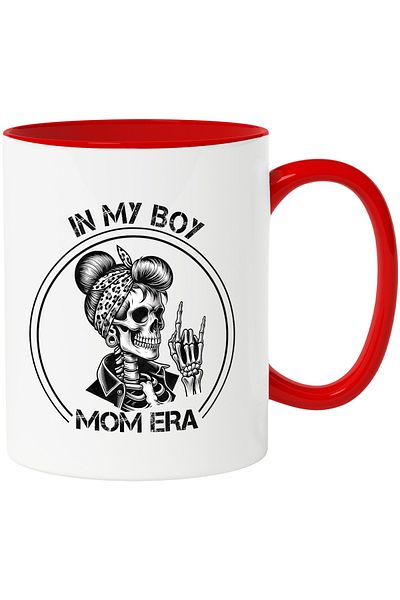 StoryGift Romania Cana cu un schelet de femeie cu mesajul "In my boy Mom Era", ilustratie, mama, b, Cu Maner Rosu