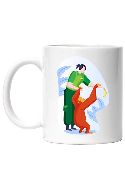 StoryGift Romania Cana Cu Banana, Ingrijitor, Maimuta, Multicolor 330 ml, Ceramica cu Maner Alb, Cu Maner Alb