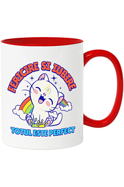 StoryGift Romania Cana cu Pisica Vesela Razand Curcubeu Colorat Text Fericire...