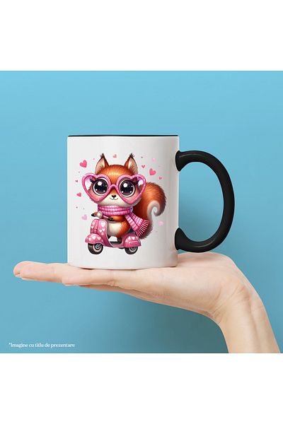 StoryGift Romania Cana cu o veverita bucuroasa care conduce un scuter | ilustratie | viteza | oche, Cu Maner Negru