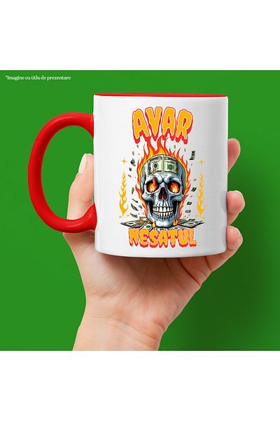 StoryGift Romania Mug Skull man in flames with banknotes greedy greedy, 330ml, Ceramic with Red Handle, With,STG