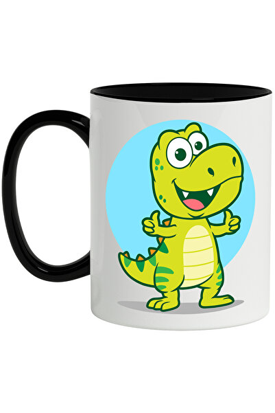 StoryGift Romania Cana Cu Cerc, Dinozaur, Zambet, T-Rex, Preistoric, Dungi, Multicolor 330 ml, Cer, Cu Maner Negru