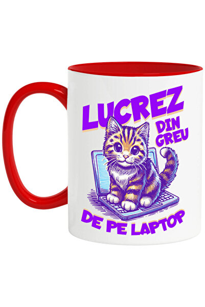 StoryGift Romania Cana cu Pisica Vesela Pui Pe Laptop Text Haios Lucrez Din G...