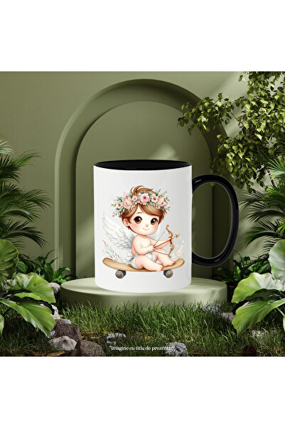 StoryGift Romania Cana cu un bebelus Cupidon care trage cu arcul, ilustratie, indragostire, Valent, Cu Maner Negru