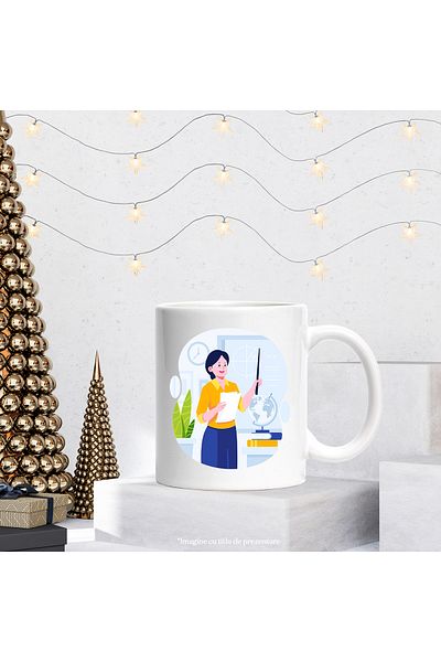 StoryGift Romania Cana Cu Profesor, Educatie, Glob, Carti, Matematica, Scoala, Multicolor 330 ml, , Cu Maner Alb