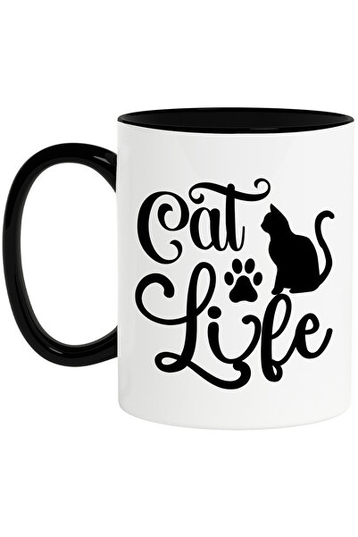 StoryGift Romania Cana cu labuta si pisicuta cu textul "Cat life" - viata de pisica fara griji cu , Cu Maner Negru