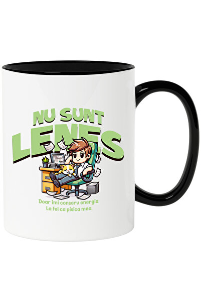 StoryGift Romania Cana Barbat la birou cu pisica, nu sunt lenes, 330ml, Ceram...