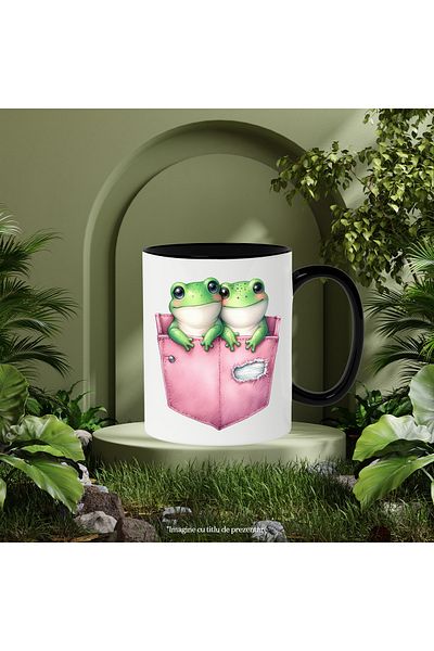 StoryGift Romania Mug with 2 frogs sitting in pockets, illustration, blushing, cheerful, English, With, STG
