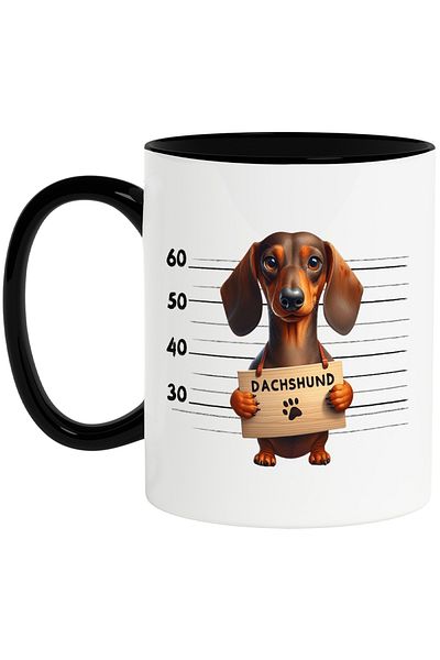 StoryGift Romania Cana cu Dachshund, caine, animal de companie, ilustratie, rasa pitica, urechi ap, Cu Maner Negru
