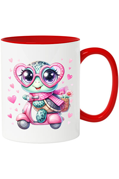 StoryGift Romania Cana cu o broasca testoasa care conduce un scuter | ilustratie | viteza | fular , Cu Maner Rosu