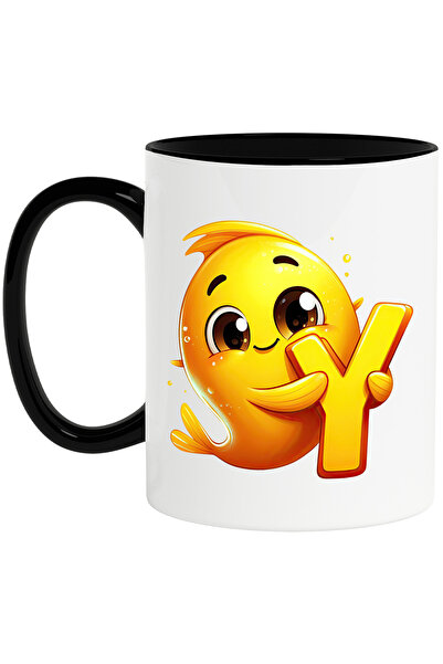 StoryGift Romania Cana cu un pestisor de aur cu litera "Y", ilustratie, pentru copii, scoala, elev, Cu Maner Negru