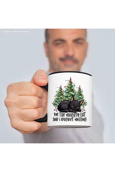 StoryGift Romania Mug with sleeping black kitten with the message "On the naughty list and I regret not, With ,STG