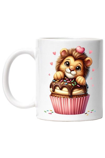 StoryGift Romania Cana cu un leu care sta langa o briosa, ilustratie, inimioare, dulce, cadou, dar, Cu Maner Alb