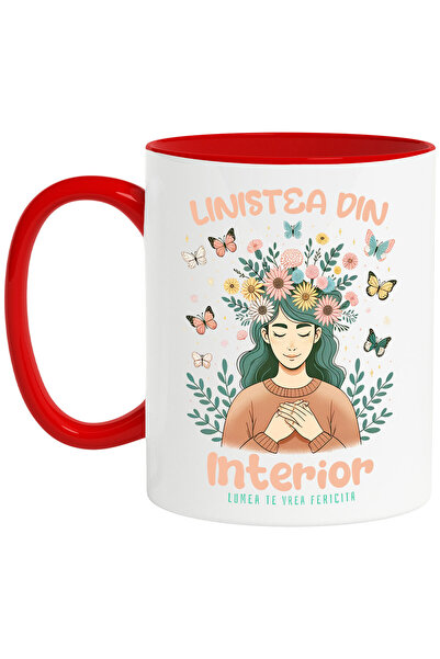 StoryGift Romania Cana cu Fata coroana De Flori Text Linistea Din Interior Lumea Te Vrea Fericita,, Cu Maner Rosu