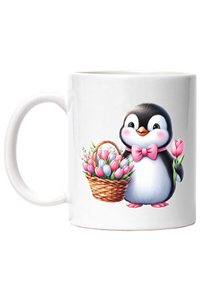 StoryGift Romania Cana cu un pinguin vesel care tine un cosulet cu lalele, il...