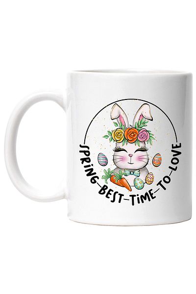 StoryGift Romania Cana cu un iepuras cu mesajul "Spring - Best - Time - To - Love", Paste fericit,, Cu Maner Alb