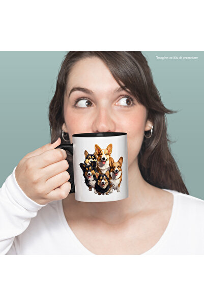 StoryGift Romania Cana cu multi catelusi Corgi, jucausi, bucurosi, ilustratie, pentru iubitorii de, Cu Maner Negru