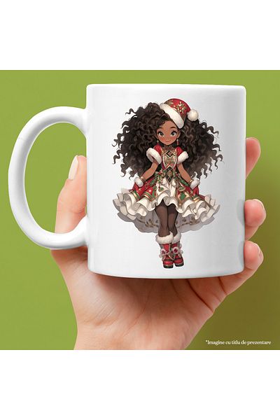 StoryGift Romania Cana cu o fetita afro dragalasa | ilustratie | caciula de Craciun | rochie rosie, Cu Maner Alb