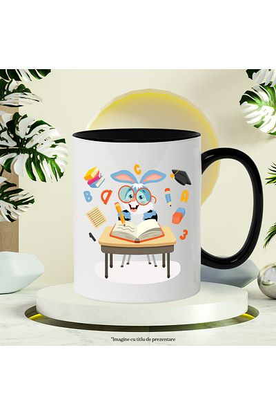 StoryGift Romania Cana Cu Iepure, Ochelari, Banca, Carte, Creion, Echer, Guma De Sters, Cifre, Mul, Cu Maner Negru