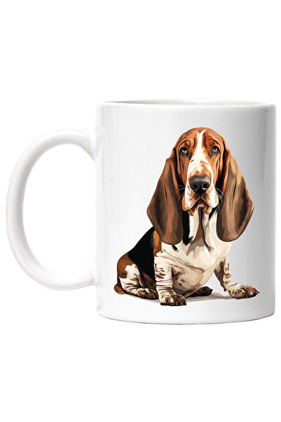 StoryGift Romania Cana cu un caine serios, ilustratie, urechile aplecate, pentru iubitorii de cain, Cu Maner Alb