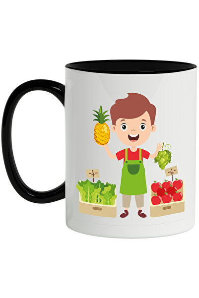 StoryGift Romania Cana Cu Vanzator, Sort, Legume, Fructe, Ananas, Struguri, Mere, Salata, Multicol, Cu Maner Negru