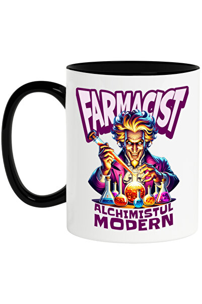 StoryGift Romania Cana Barbat Bizar Text Farmacist_ Alchimistul modern, 330ml, Ceramica cu Maner N, Cu Maner Negru