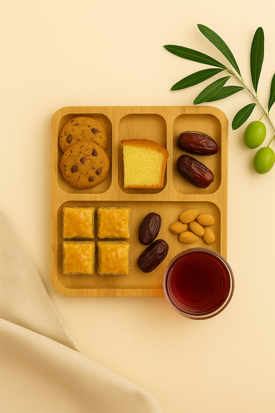 wellhome Ahşap Kahvaltı Sunumluk – 4 Bölmeli Doğal Bambu Tabak | Modern ve Pratik Servis Deneyimi