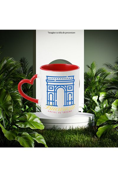 StoryGift Romania BUCHAREST Mug - Arc de Triomphe, 330ml, Ceramic with Red Heart Handle, With Heart Handle, STG.