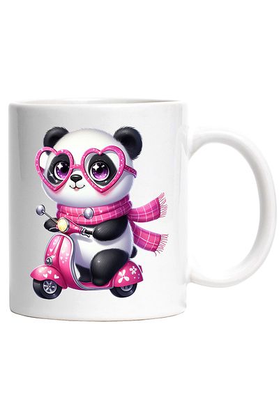 StoryGift Romania Cana cu o ursoaica Panda care conduce un scuter | plimbare | viteza | fular | oc, Cu Maner Alb