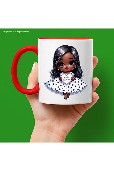 StoryGift Romania Mug with a little black girl holding a heart that says "Happy Valentine, With ,STG"