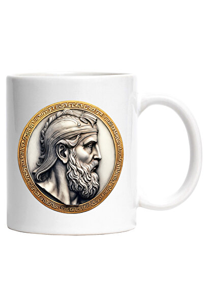 StoryGift Romania Cana cu o moneda veche | ilustratie | personalitate din Grecia | aurie pe margin, Cu Maner Alb