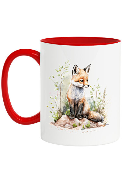 StoryGift Romania Cana cu un pui de vulpe | ilustratie | in natura | plante | ierburi | curios | v, Cu Maner Rosu