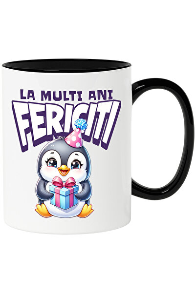 StoryGift Romania Cana cu Pinguin Vesel Cu Coif Roz Aniversar Si Cadou Cu Fun...