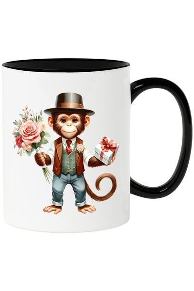 StoryGift Romania Cana cu o maimuta care tine un buchet cu flori si un cadou | ilustratie | camasa, Cu Maner Negru